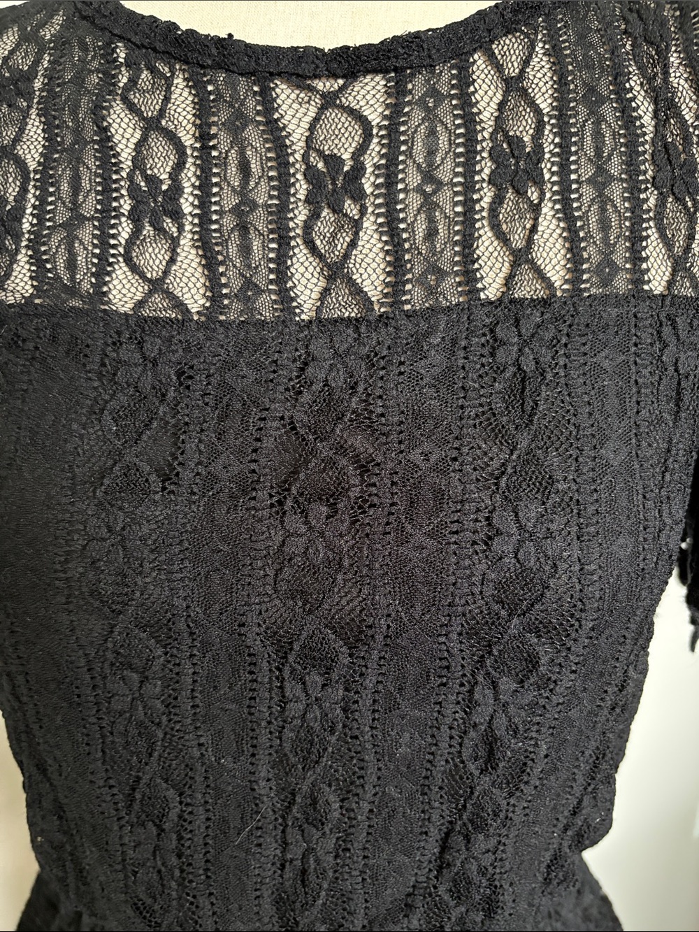 Women's Black Lace Short Sleeve Top with Sheer Back and Sleeves - Picture 6 of 10